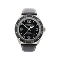Front view of Bell & Ross BRV2-92 watch with black dial, black rotating bezel with minute markings, large 12, 3, 6, and 9 numerals, date window near 4–5 o’clock, and black leather strap with contrast stitching.