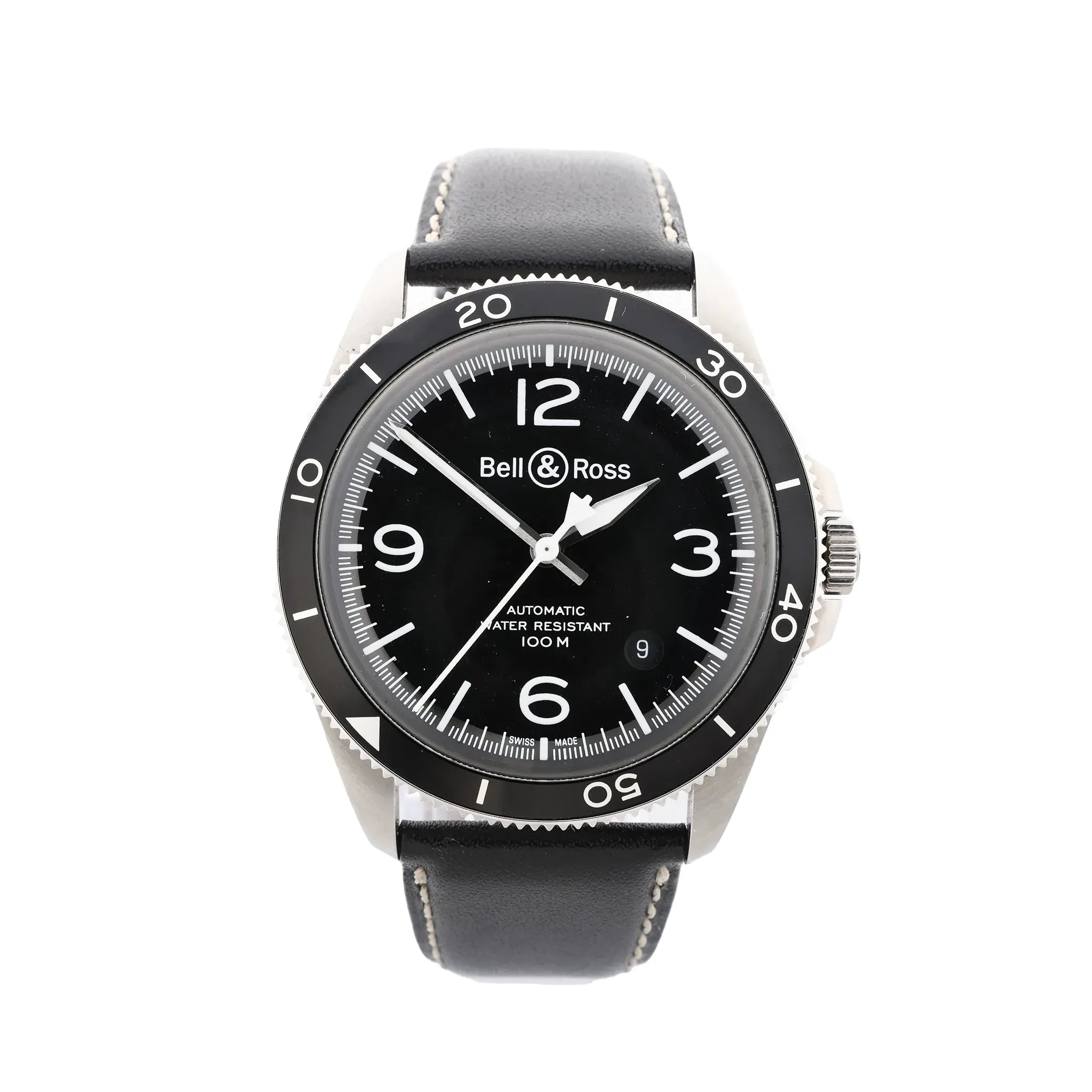 Front view of Bell & Ross BRV2-92 watch with black dial, black rotating bezel with minute markings, large 12, 3, 6, and 9 numerals, date window near 4–5 o’clock, and black leather strap with contrast stitching.