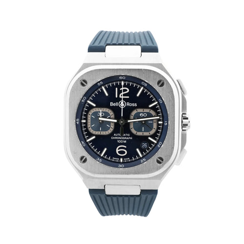 Bell & Ross BR 05 chronograph watch with square stainless steel case, blue dial, two subdials, date window at 4 o’clock, and blue rubber strap