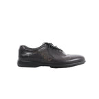 Berluti black leather lace-up shoe with calligraphy detailing on the side and low-profile black sole on white background