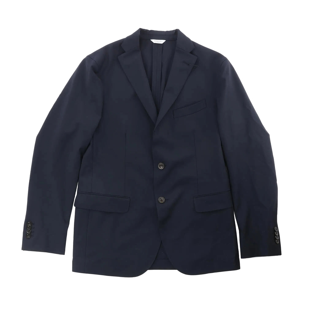 Dark blue Boglioli blazer with notch lapels, two-button closure, chest welt pocket, and flap pockets on white background