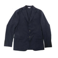 Dark blue Boglioli blazer with notch lapels, two-button closure, chest welt pocket, and flap pockets on white background