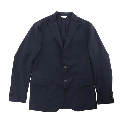 Dark blue Boglioli blazer with notch lapels, two-button closure, chest welt pocket, and flap pockets on white background