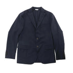Dark blue Boglioli blazer with notch lapels, two-button closure, chest welt pocket, and flap pockets on white background