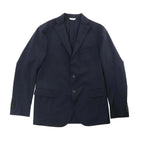 Dark blue Boglioli blazer with notch lapels, two-button closure, chest welt pocket, and flap pockets on white background