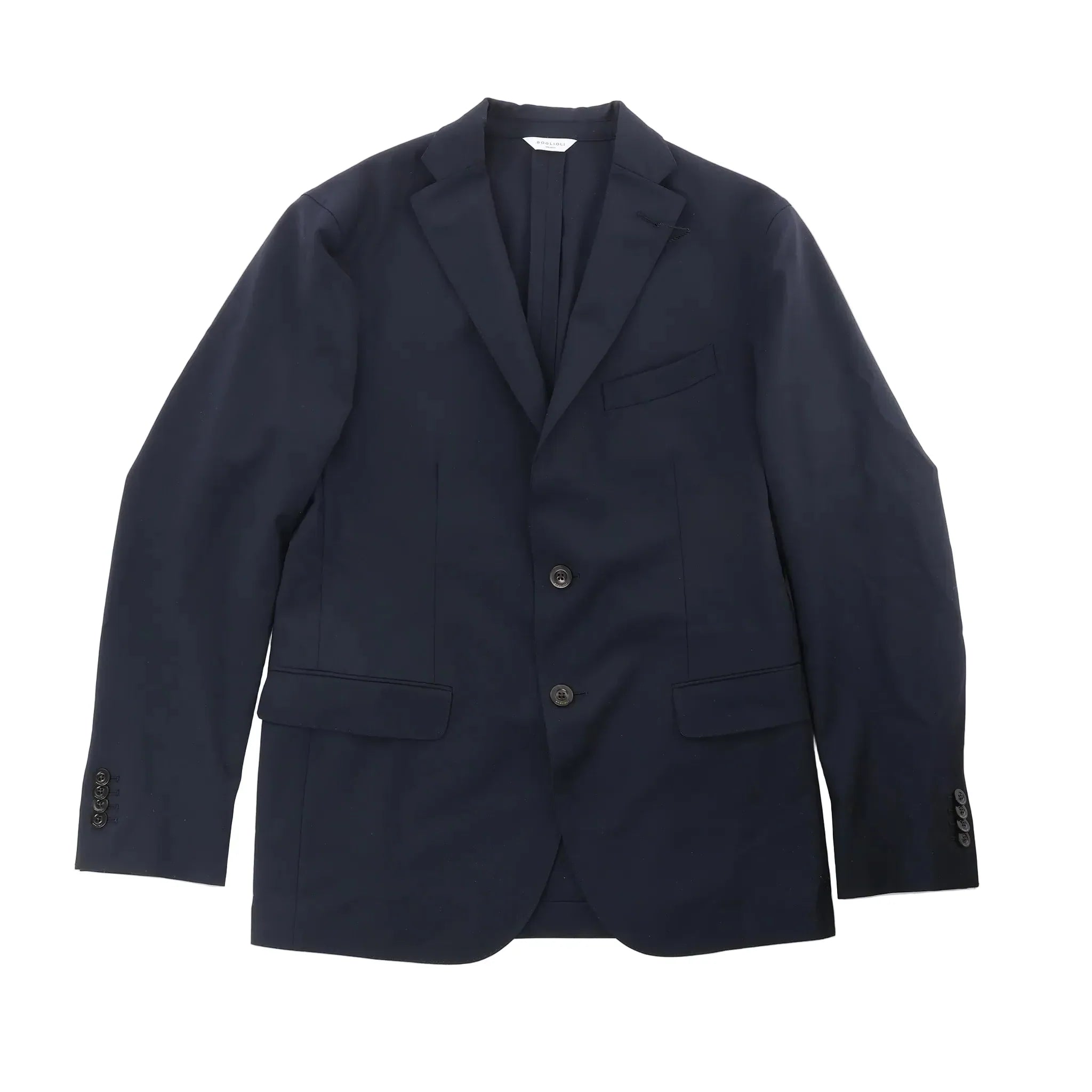 Dark blue Boglioli blazer with notch lapels, two-button closure, chest welt pocket, and flap pockets on white background