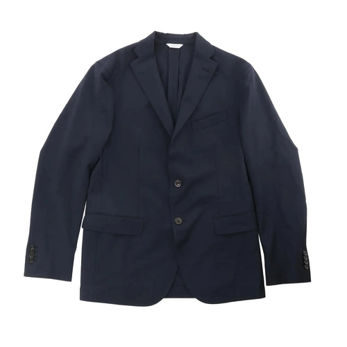 Dark blue Boglioli blazer with notch lapels, two-button closure, chest welt pocket, and flap pockets on white background