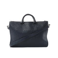 Bottega Veneta navy Intrecciato woven leather briefcase with top handles, zip-top closure, and detachable shoulder strap