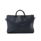 Bottega Veneta navy Intrecciato woven leather briefcase with top handles, zip-top closure, and detachable shoulder strap