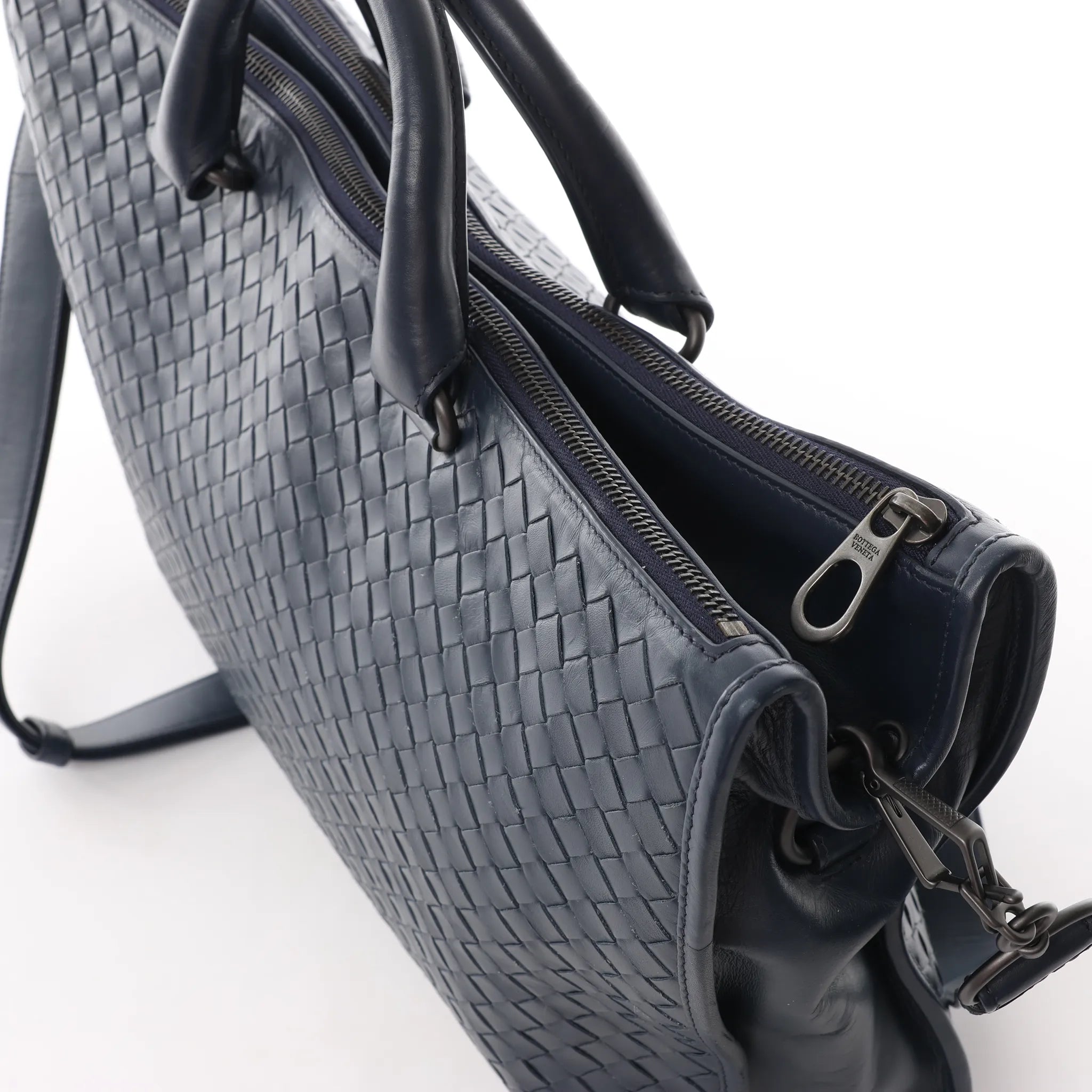 Bottega Veneta Intrecciato Leather 2Way Handbag in Navy Blue