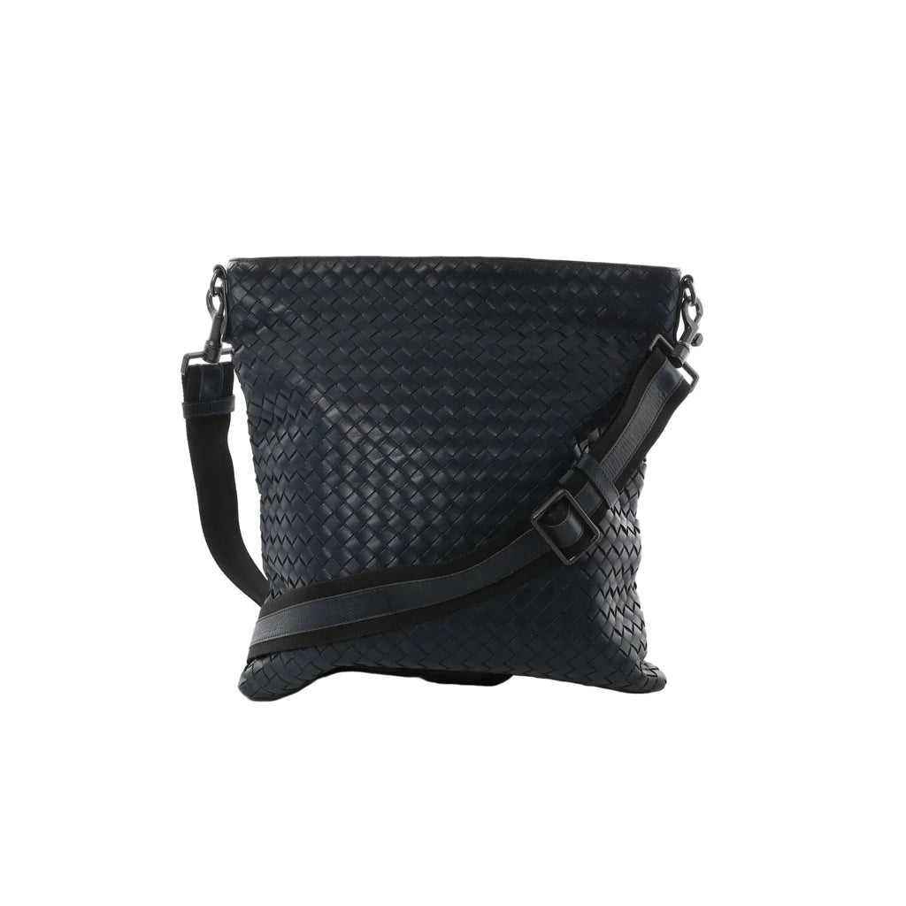 Bottega Veneta navy Intrecciato woven leather crossbody messenger bag with adjustable strap and buckle detail