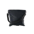 Bottega Veneta navy Intrecciato woven leather crossbody messenger bag with adjustable strap and buckle detail