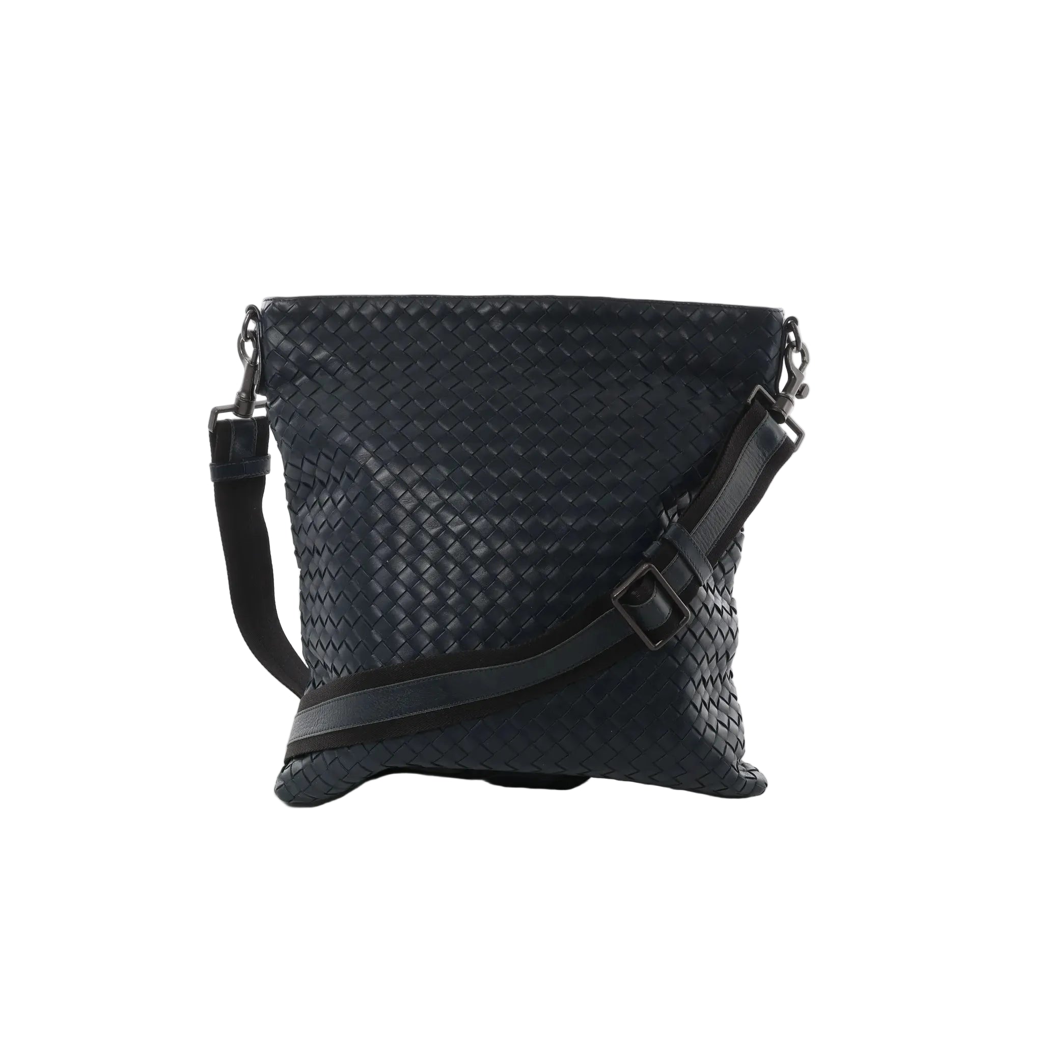 Bottega Veneta navy Intrecciato woven leather crossbody messenger bag with adjustable strap and buckle detail