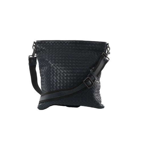 Bottega Veneta navy Intrecciato woven leather crossbody messenger bag with adjustable strap and buckle detail