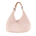 Pink Bottega Veneta Campana Intrecciato leather shoulder bag with woven body, curved hobo shape and dark metal handle rings on a white background.