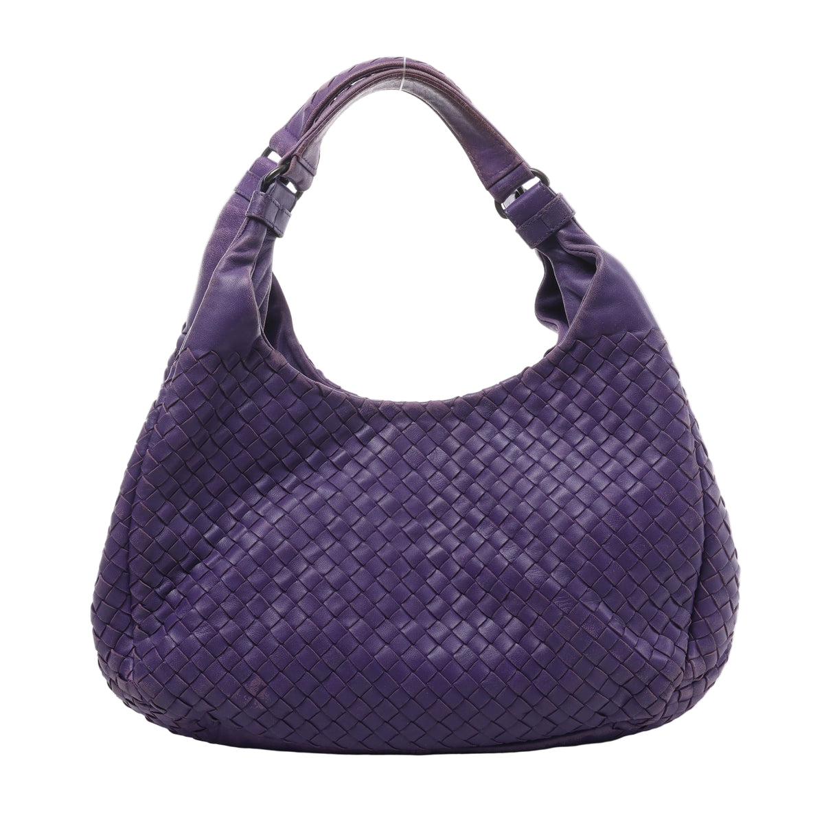 Bottega Veneta Campana shoulder bag in purple woven Intrecciato leather with a rounded silhouette, twin shoulder straps and dark metal rings.
