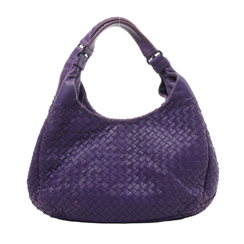 Bottega Veneta Campana shoulder bag in purple woven Intrecciato leather with a rounded silhouette, twin shoulder straps and dark metal rings.