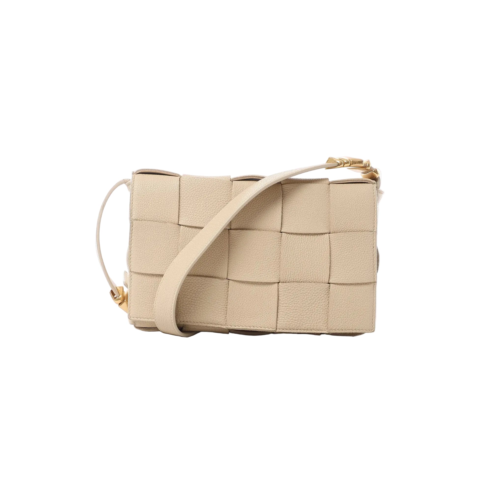 Beige woven leather crossbody bag with wide strap and gold-tone hardware on white background.