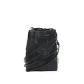 Bottega Veneta Cassette mini bucket bag in black maxi intrecciato woven leather with drawstring top and thin crossbody strap on a white background.