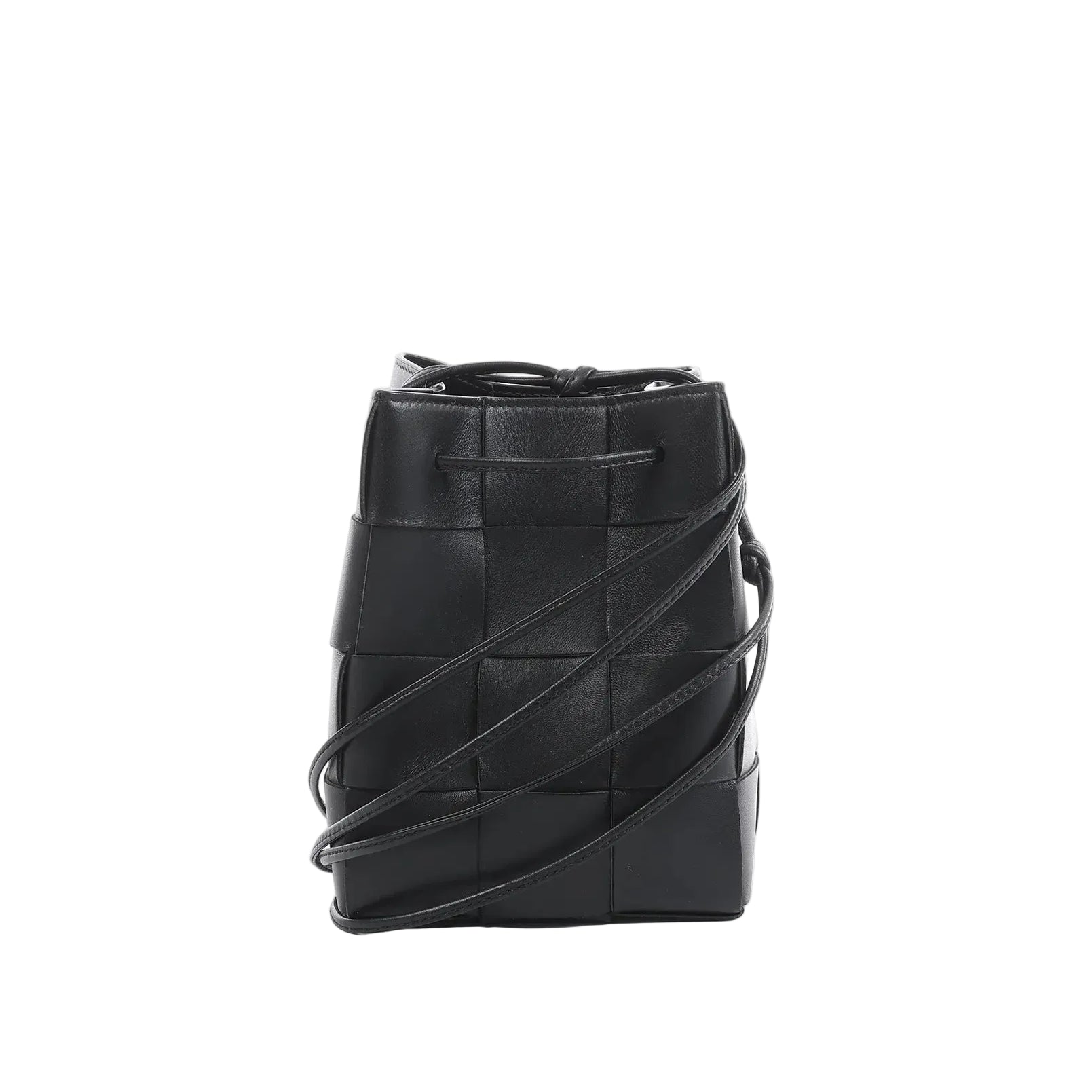 Bottega Veneta Cassette mini bucket bag in black maxi intrecciato woven leather with drawstring top and thin crossbody strap on a white background.