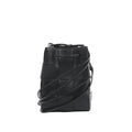 Bottega Veneta Cassette mini bucket bag in black maxi intrecciato woven leather with drawstring top and thin crossbody strap on a white background.