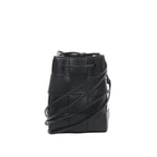 Bottega Veneta Cassette mini bucket bag in black maxi intrecciato woven leather with drawstring top and thin crossbody strap on a white background.