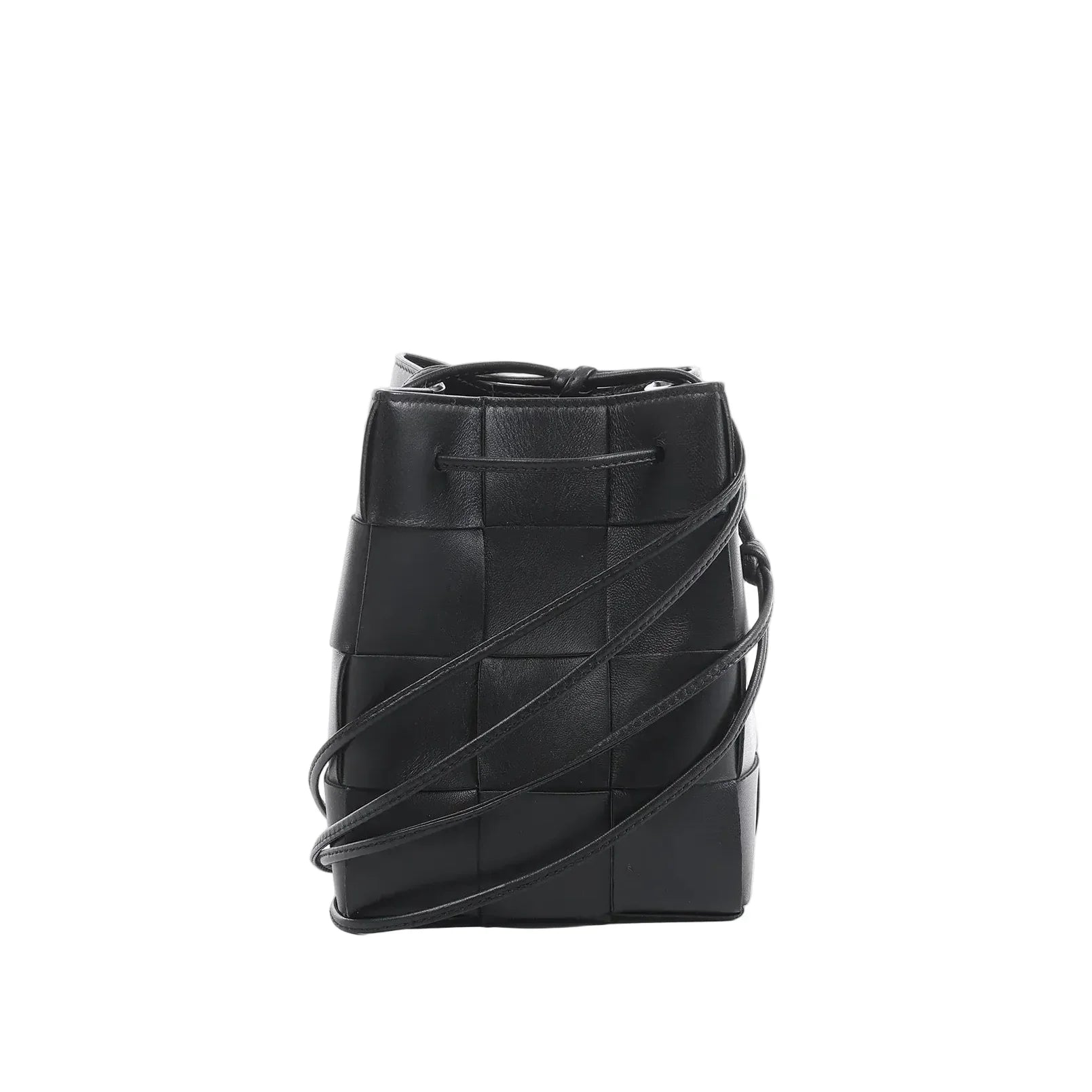 Bottega Veneta Cassette mini bucket bag in black maxi intrecciato woven leather with drawstring top and thin crossbody strap on a white background.