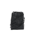 Bottega Veneta Cassette mini bucket bag in black maxi intrecciato woven leather with drawstring top and thin crossbody strap on a white background.
