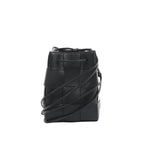 Bottega Veneta Cassette mini bucket bag in black maxi intrecciato woven leather with drawstring top and thin crossbody strap on a white background.