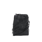 Bottega Veneta Cassette mini bucket bag in black maxi intrecciato woven leather with drawstring top and thin crossbody strap on a white background.