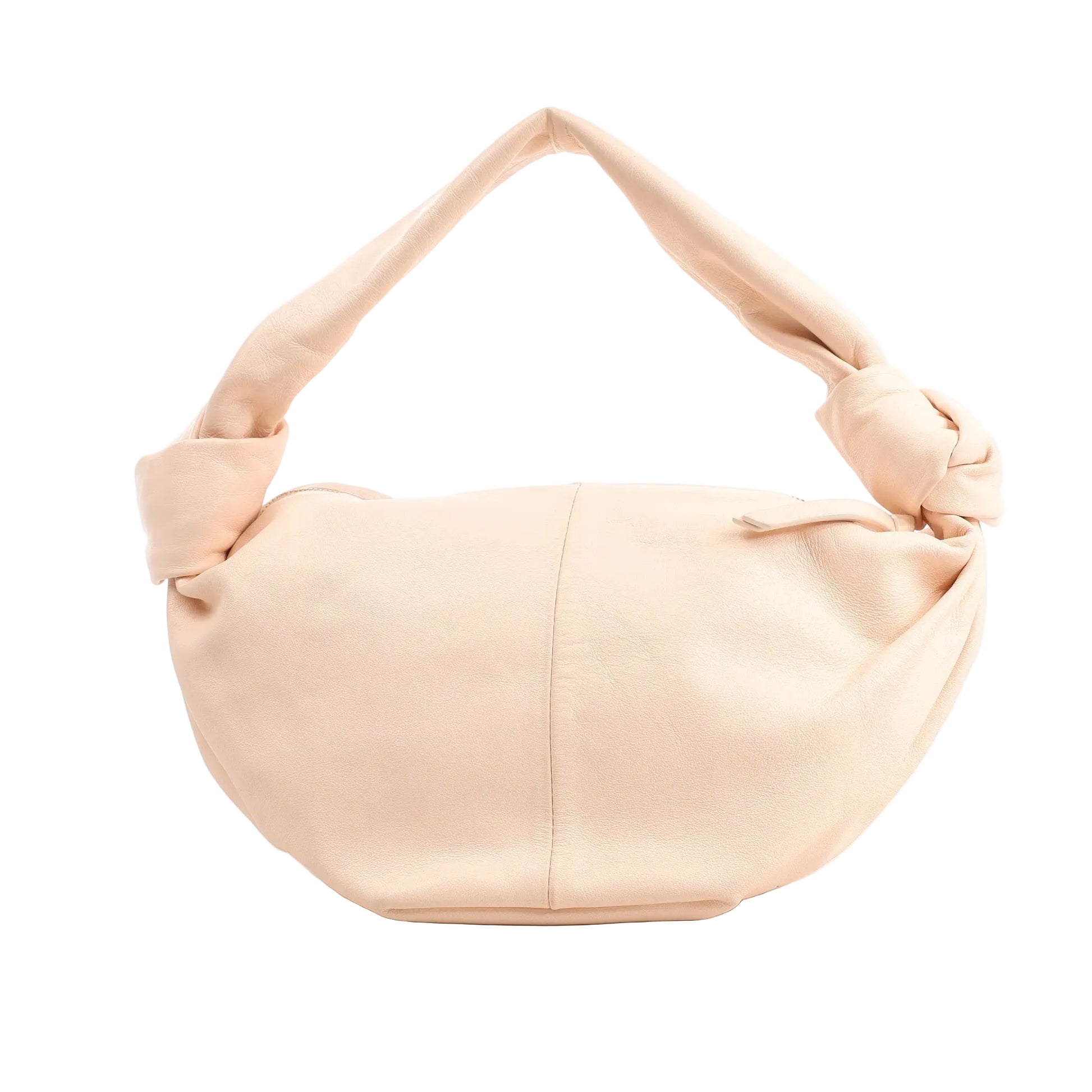 Bottega Veneta Double Knot Mini Handbag in light pink leather featuring a rounded silhouette and two prominent knotted details on the handle.