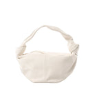 White Bottega Veneta Double Knot mini leather handbag with knotted top handle and zip closure on a white background.