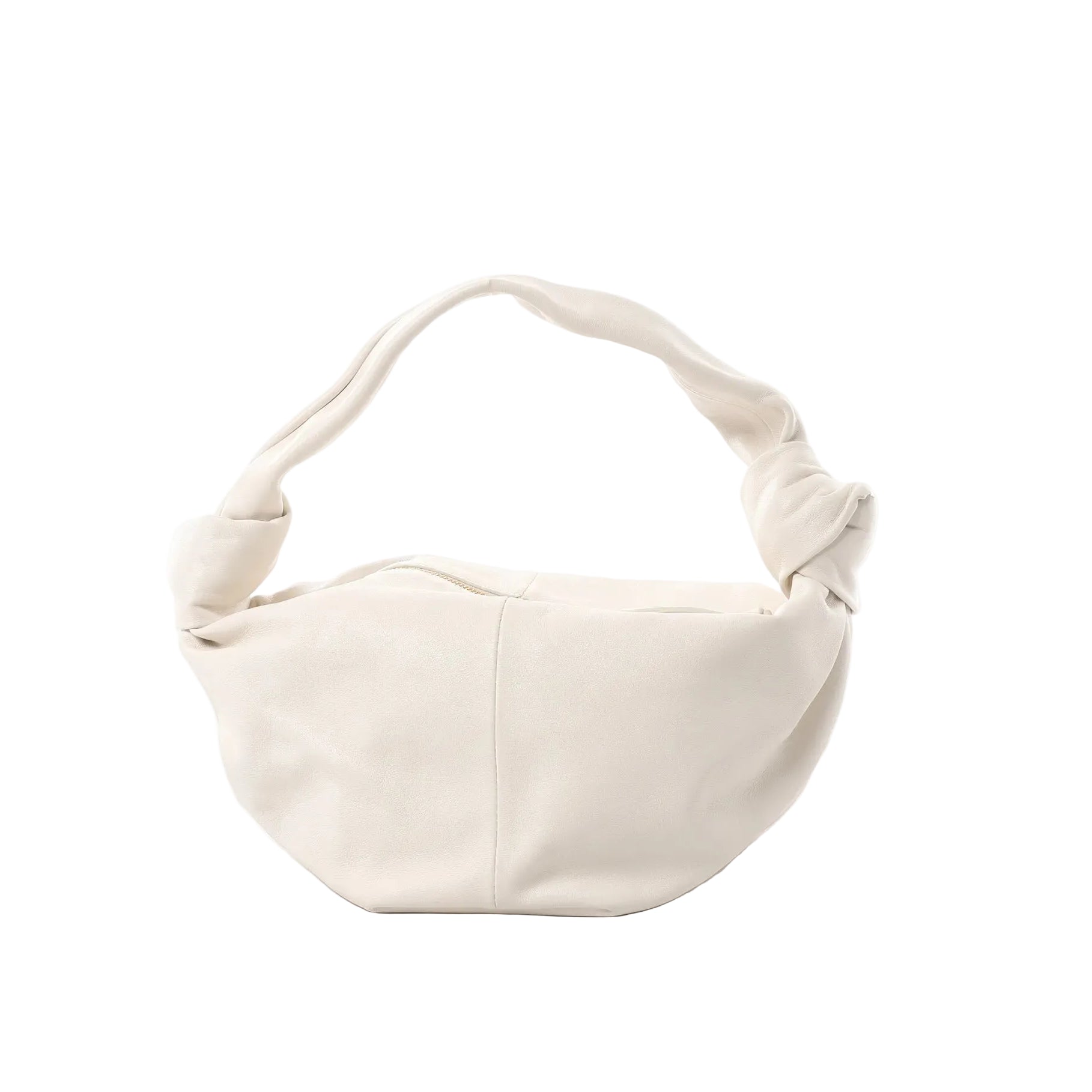 White Bottega Veneta Double Knot mini leather handbag with knotted top handle and zip closure on a white background.