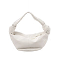 White Bottega Veneta Double Knot mini leather handbag with slouchy shape, knotted handle ends, and top zipper opening, front view on white background.