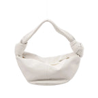 White Bottega Veneta Double Knot mini leather handbag with slouchy shape, knotted handle ends, and top zipper opening, front view on white background.