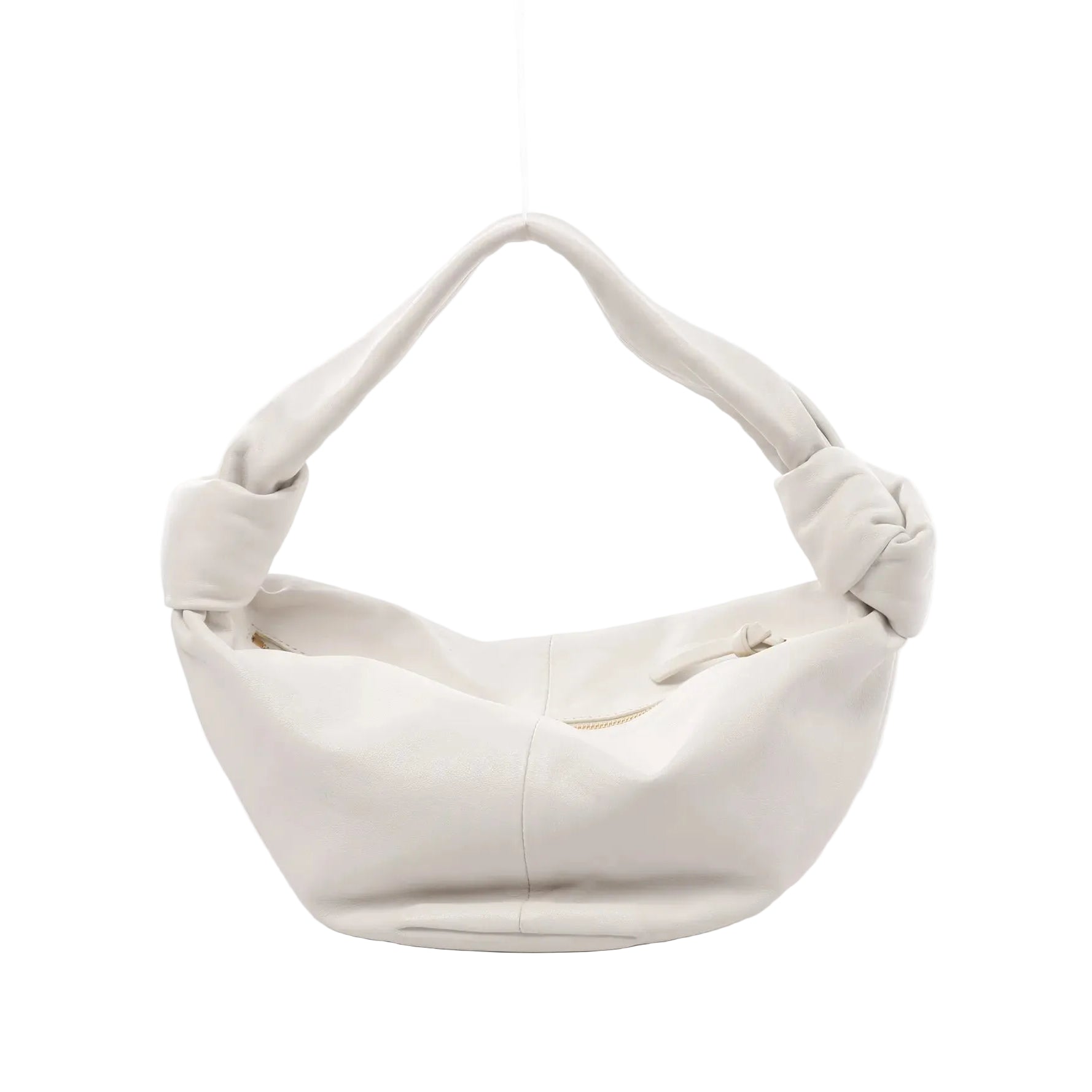 White Bottega Veneta Double Knot mini leather handbag with slouchy shape, knotted handle ends, and top zipper opening, front view on white background.