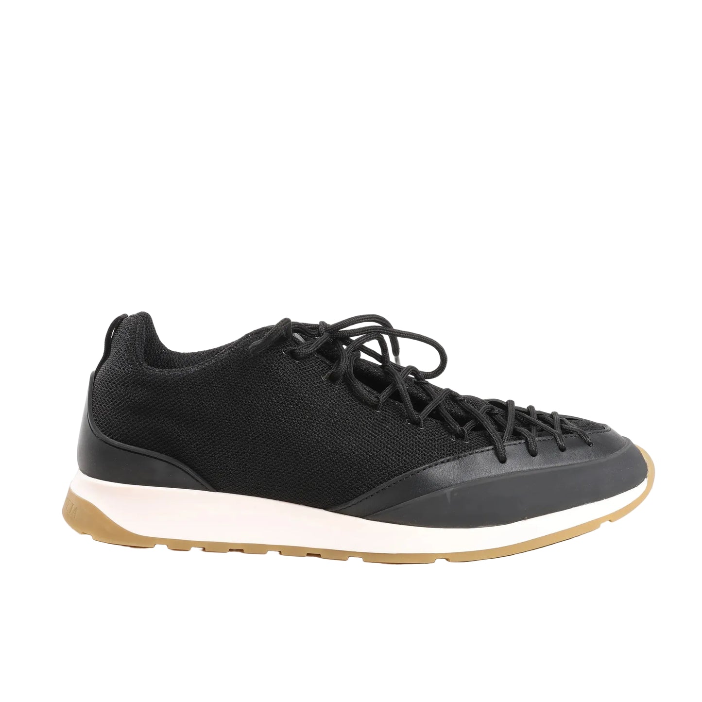 Bottega Veneta Scar Tex low-top sneakers in black fabric with black rubber toe and side trim, white midsole, and tan outsole. Lace-up design, size 39 EU.
