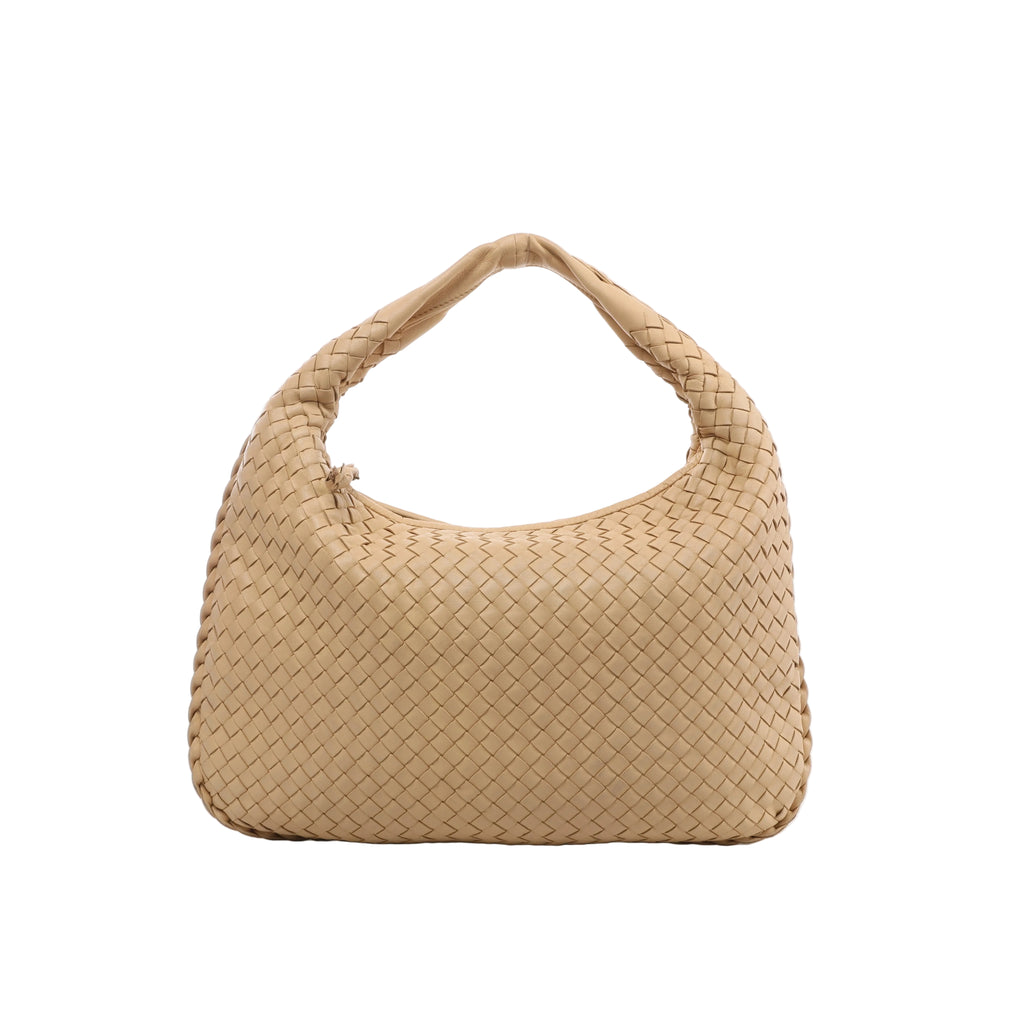 Front view of Bottega Veneta Veneta beige woven leather hobo bag with a curved top, integrated shoulder handle and woven edging.
