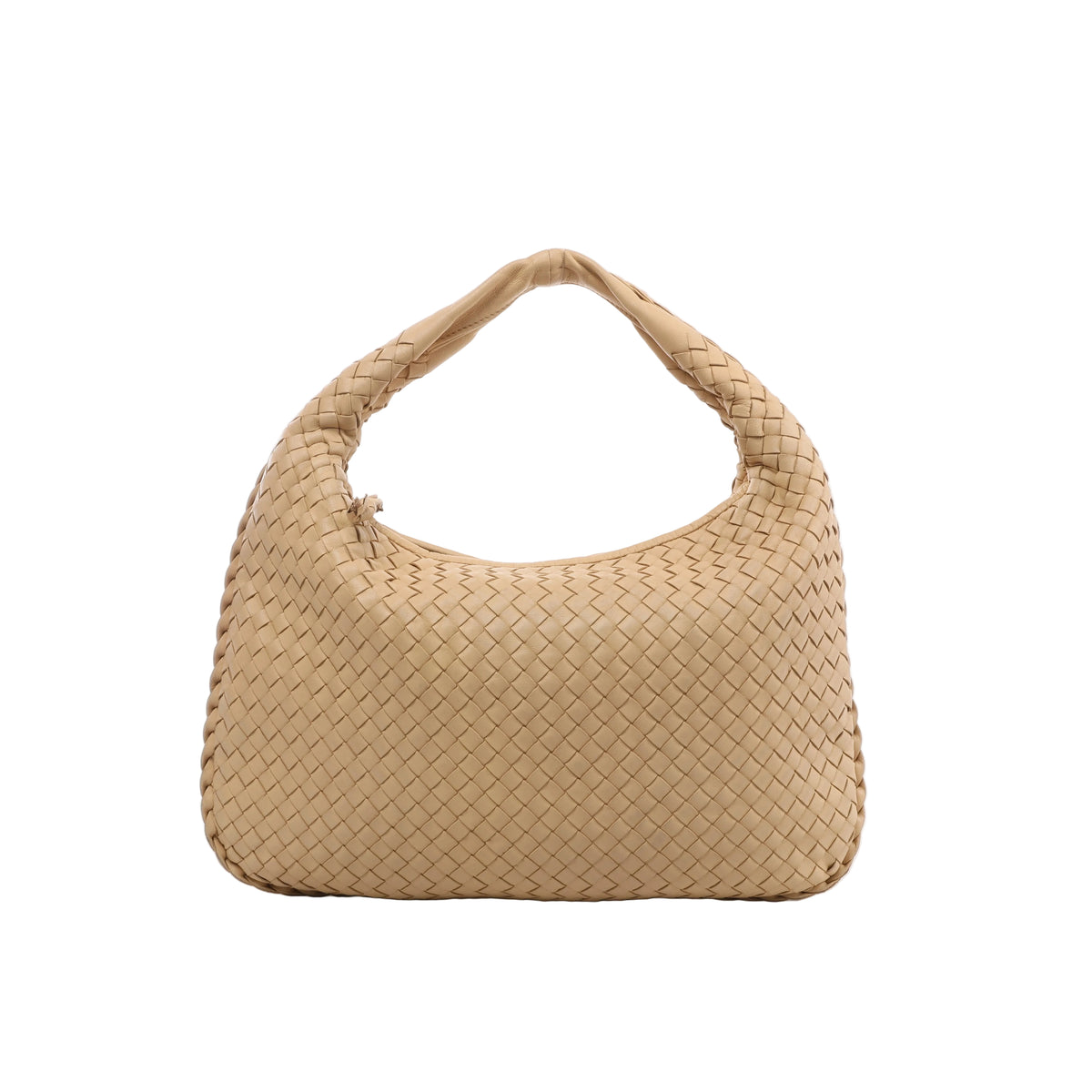 Front view of Bottega Veneta Veneta beige woven leather hobo bag with a curved top, integrated shoulder handle and woven edging.