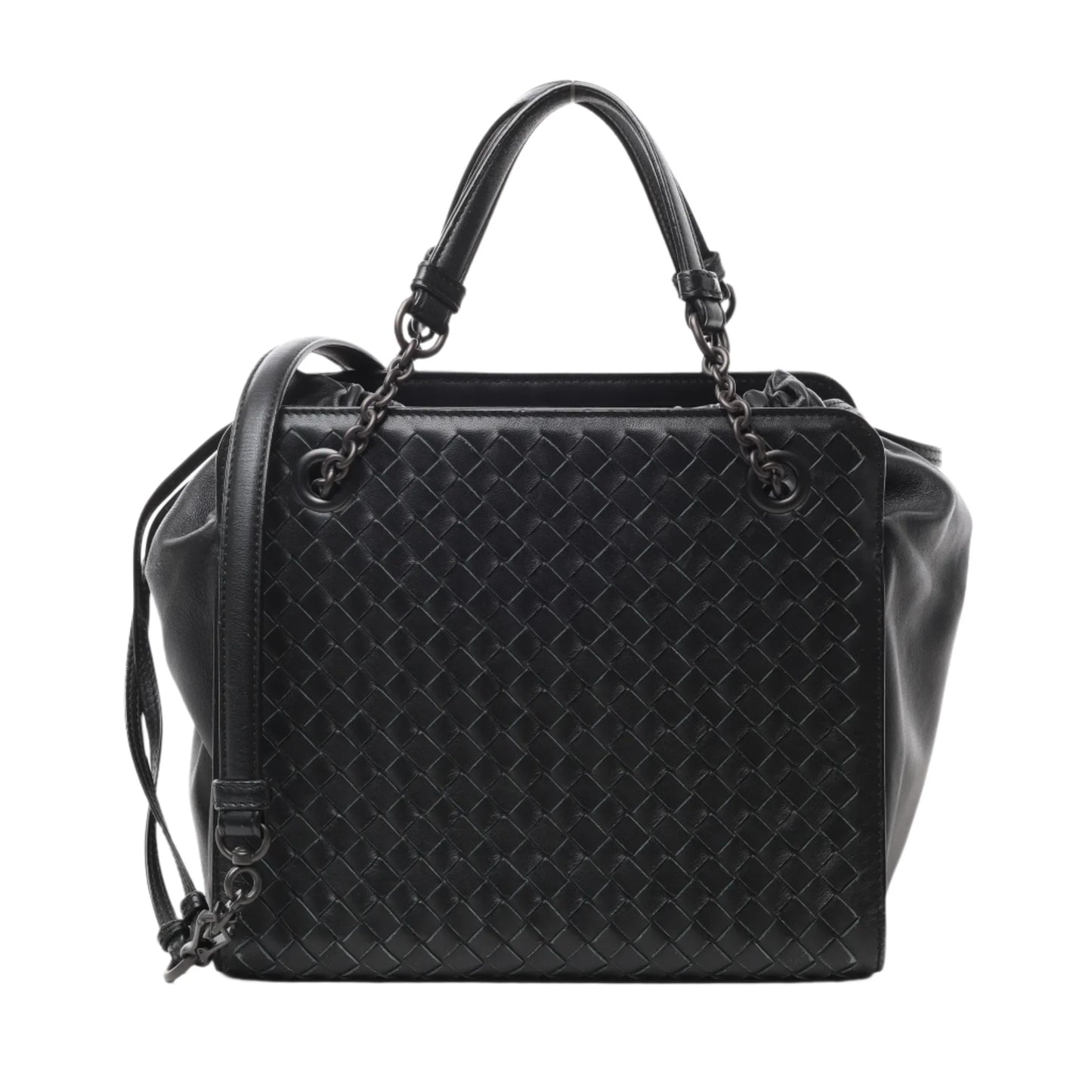 Front view of Bottega Veneta Intrecciato Leather 2Way Handbag in black with woven leather front panel, dual top handles, chain and leather shoulder strap, and side drawstring details, displayed against a white background.