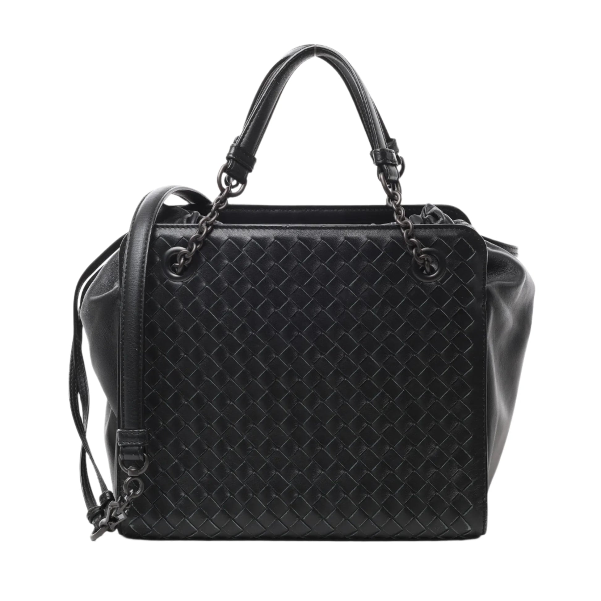 Front view of Bottega Veneta Intrecciato Leather 2Way Handbag in black with woven leather front panel, dual top handles, chain and leather shoulder strap, and side drawstring details, displayed against a white background.