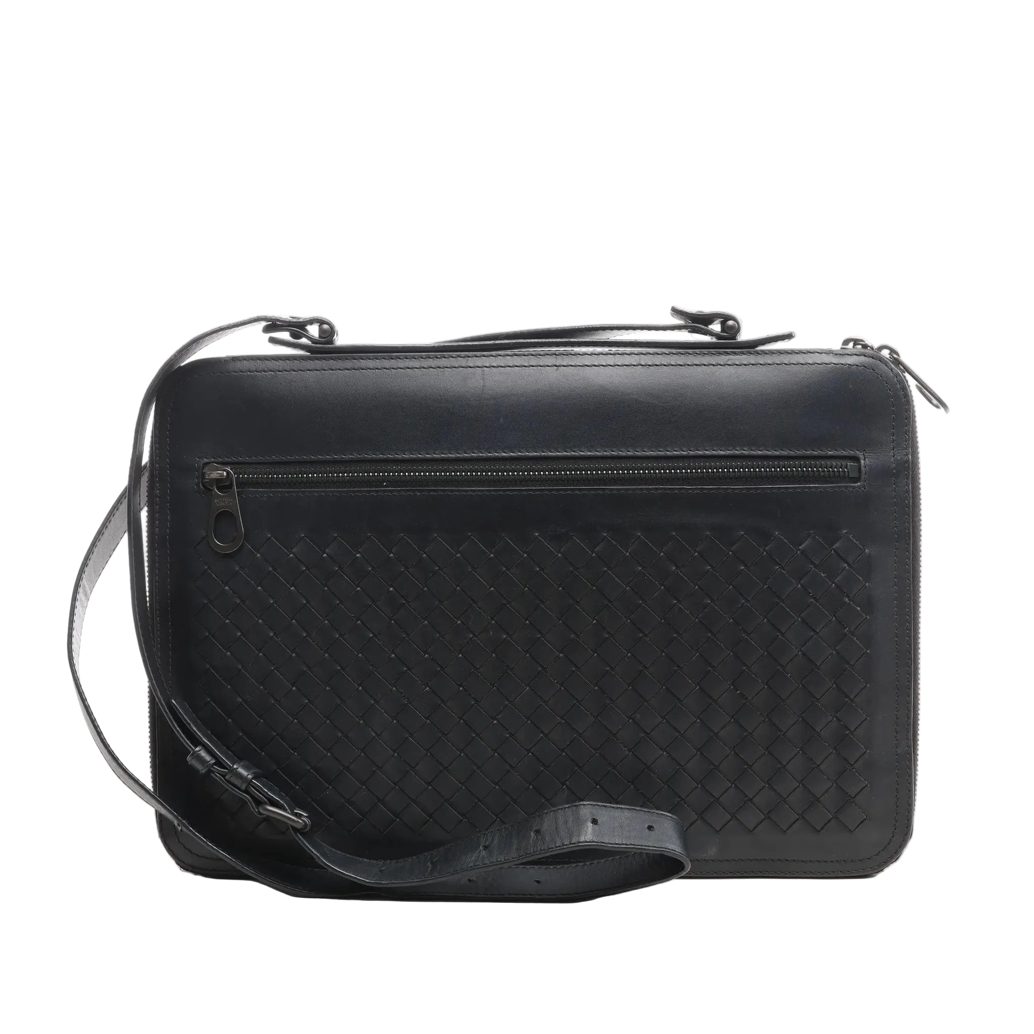 Black Bottega Veneta Intrecciato leather crossbody bag with a woven front panel, top zipper closure, horizontal front zip pocket, and adjustable strap, shown on a white background.