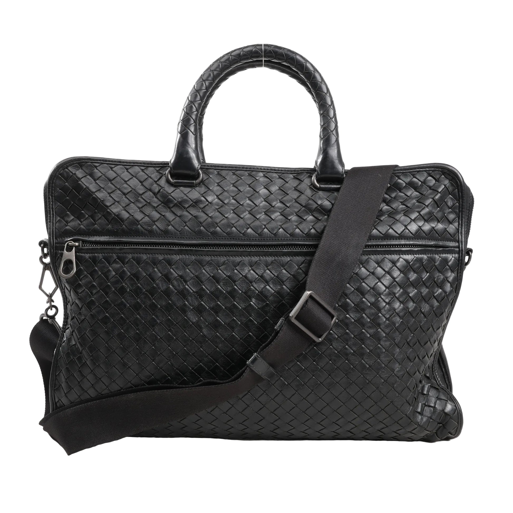 Bottega Veneta Intrecciato Leather 2Way Handbag in black with signature woven leather pattern, dual rounded handles, front zip pocket, and adjustable shoulder strap, displayed against a white background.