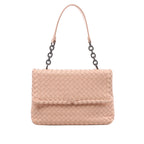 Pink Bottega Veneta Intrecciato woven leather shoulder bag with flap front, dark chain links and a slim leather shoulder strap.