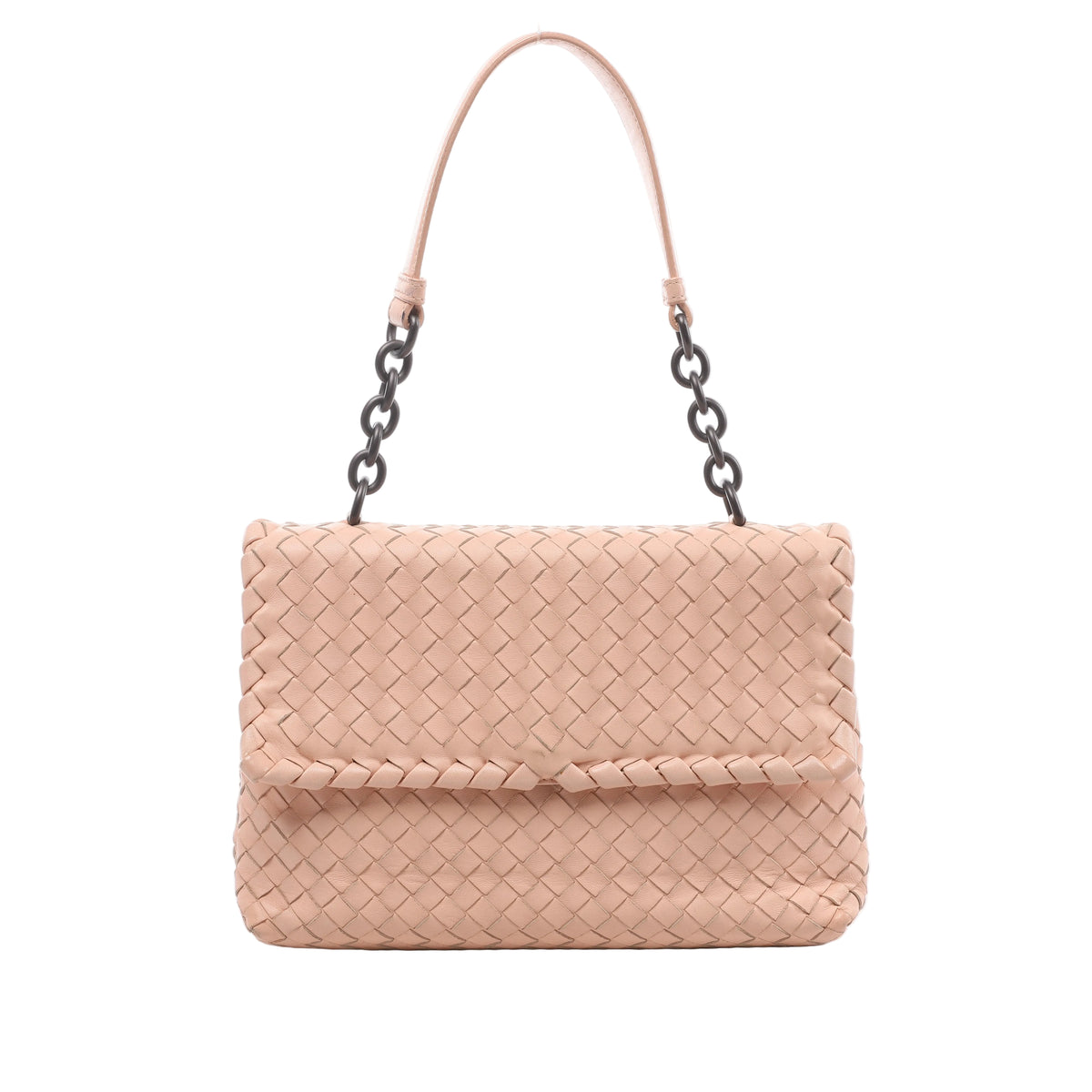 Pink Bottega Veneta Intrecciato woven leather shoulder bag with flap front, dark chain links and a slim leather shoulder strap.