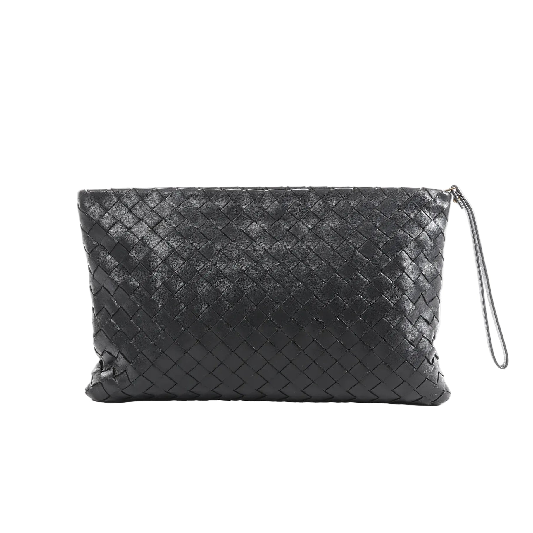 Black Bottega Veneta Intrecciato woven leather clutch with zip-top closure and slim wrist strap.