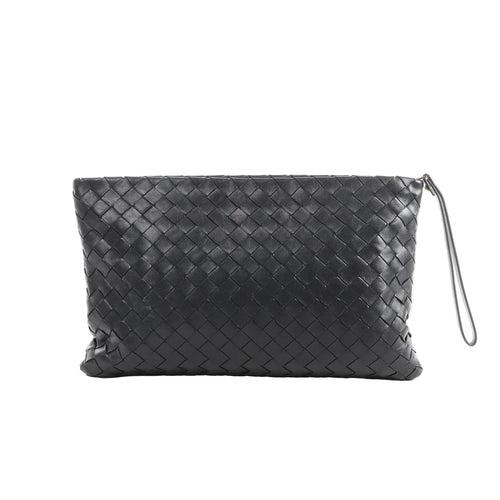 Black Bottega Veneta Intrecciato woven leather clutch with zip-top closure and slim wrist strap.