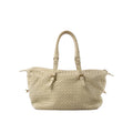 Front view of Bottega Veneta Montaigne shoulder bag in beige Intrecciato woven leather with adjustable shoulder straps, braided handle detail, and zip-top closure.