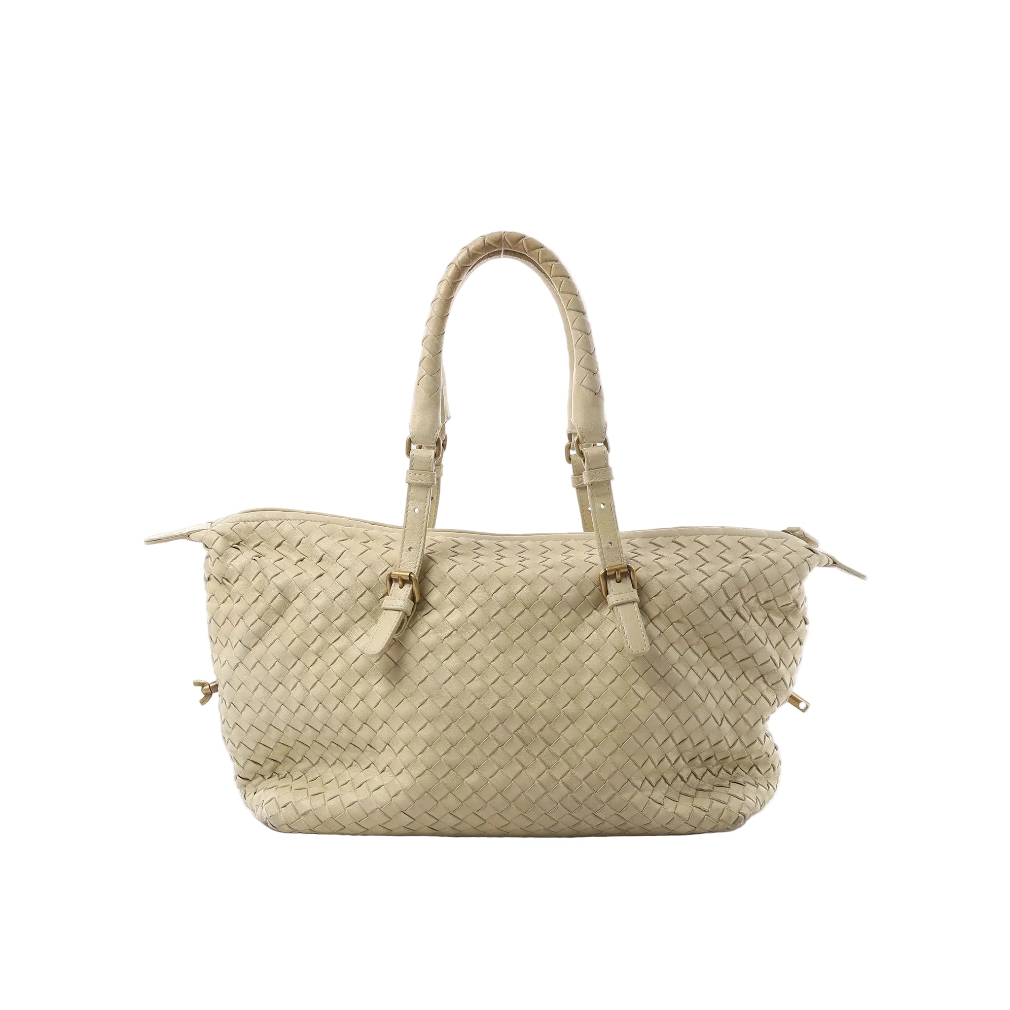 Front view of Bottega Veneta Montaigne shoulder bag in beige Intrecciato woven leather with adjustable shoulder straps, braided handle detail, and zip-top closure.