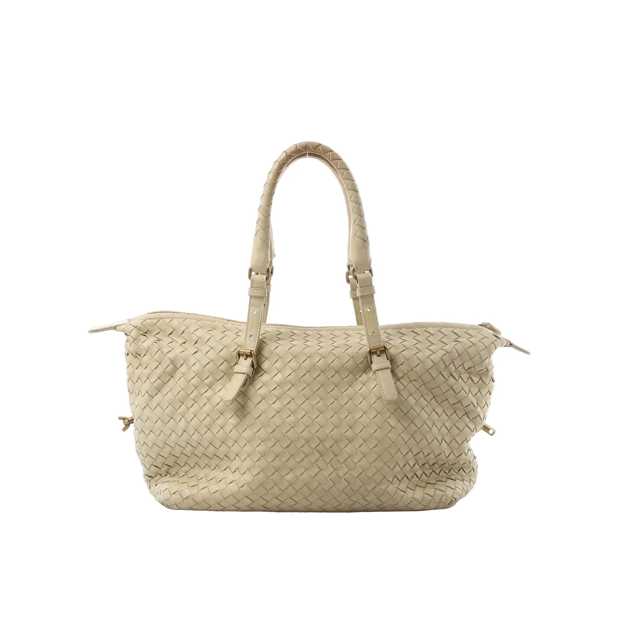 Front view of Bottega Veneta Montaigne shoulder bag in beige Intrecciato woven leather with adjustable shoulder straps, braided handle detail, and zip-top closure.